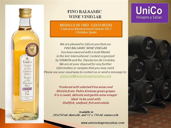 EL VINAGRE DE FINO DE UNICO VINAGRES Y SALSAS CONSIGUE UNA MEDALLA DE ORO EN EL CONCURSO INTERNACIONAL VINAVIN.