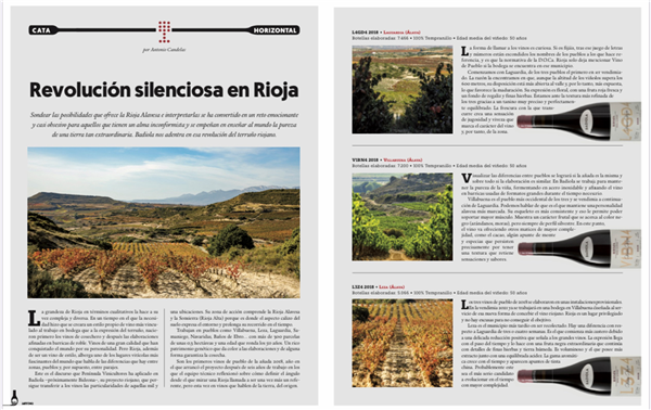 Artículo revista Mi Vino - Octubre 2021, mostrando cata horizontal Bodega BADIOLA de vinos de pueblos de Laguardia, Villabuena y Leza.